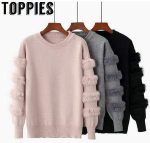 2019 Women Rabbit Fur Sleeves Loose Sweater O-neck Causal Knit Pullovers Women Fur Jumper