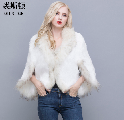 QIUSIDUN Pure Natural Rabbit Fur Knitted Raccoon Real Collar Jacket Women's Warm Clothing In Autumn And Winter Sleeveless BIACK