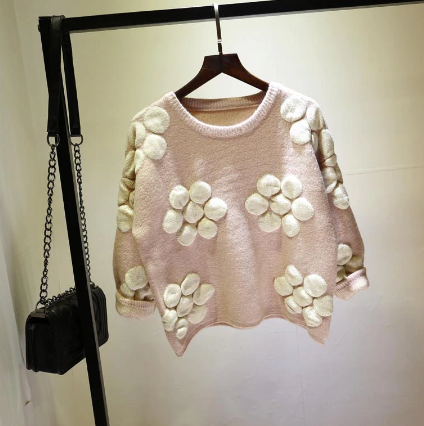 2019 Autumn Winter Korean Long Sleeve Shirt Flowers Knitted O-neck Lovely Jumper Pullover Casual Fashion Loose Sweater Top 61967