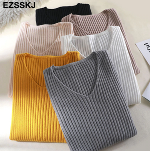 2019 basic v-neck solid autumn winter Sweater Pullover Women Female Knitted sweater slim long sleeve badycon sweater cheap